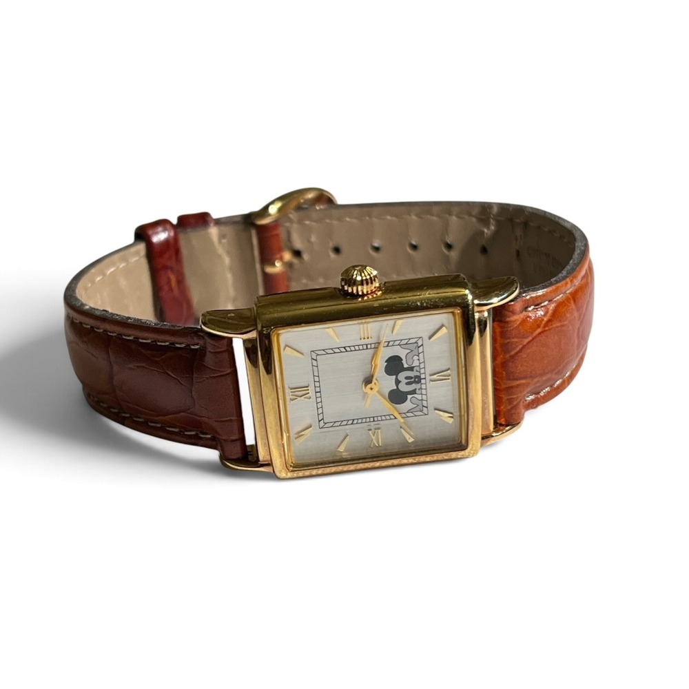 Disney Time Works Mickey Mouse Watch Unisex Gold Tone Brown Leather Tank Dial